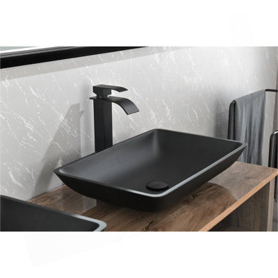Lavabo de salle de bain rectangulaire en verre noir mat avec robinet et drain escamotable noir mat L 22 po x l 14 po x H 4 po