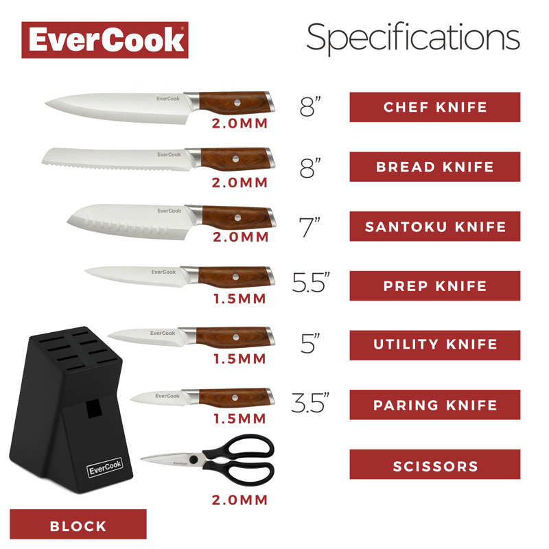 EverCook 8Pc Knife Block Set, Stainless Blade, Wood Handle, Rubberwood Block