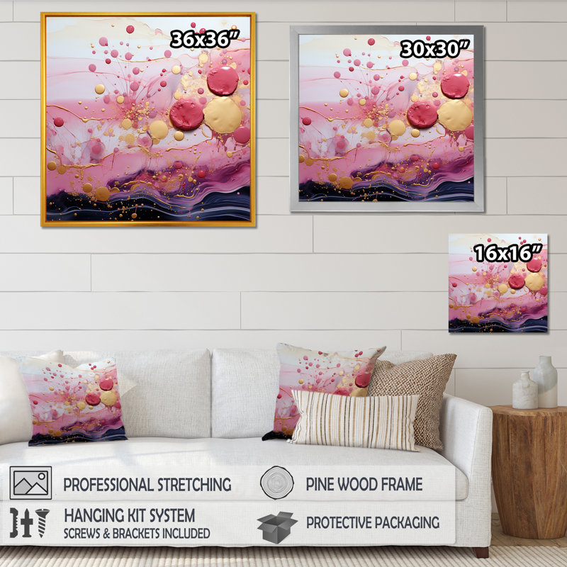 Or et rose, formes liquides modernes IV - décoration murale abstraite, Cadre flottant noir, H 36 po x l 36 po