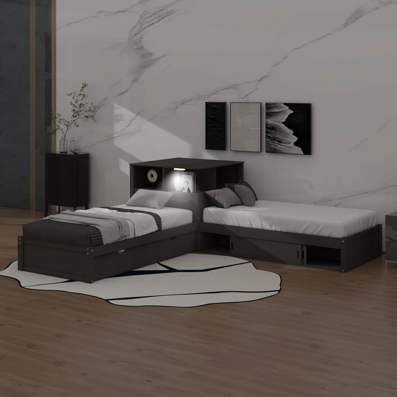 Lit plateforme simple en L avec armoires de rangement, bureau, lit gigogne et lumière DEL, Gris