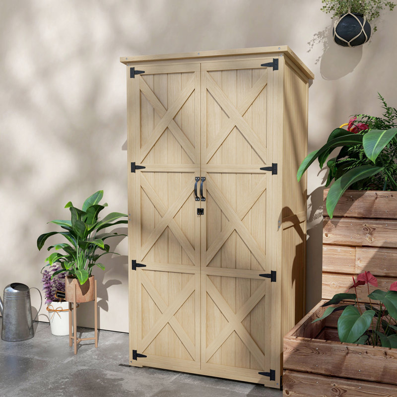 Remise en bois naturel pour l'extérieur avec serrure, toit en asphalte et tablettes - Outils de cabinet