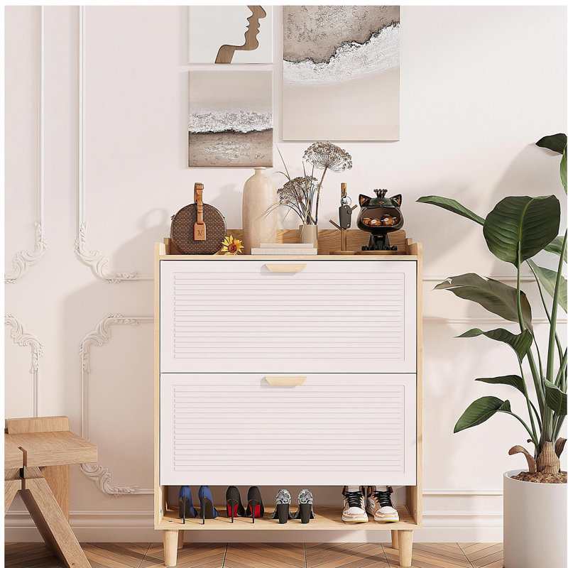 31.5 Inch Nordic Style Shoe Storage Cabinet with 2 Flip Drawers, Freestanding Organizer with Solid Wood Legs for Entryway, Narrow Shoe Rack Cabinet