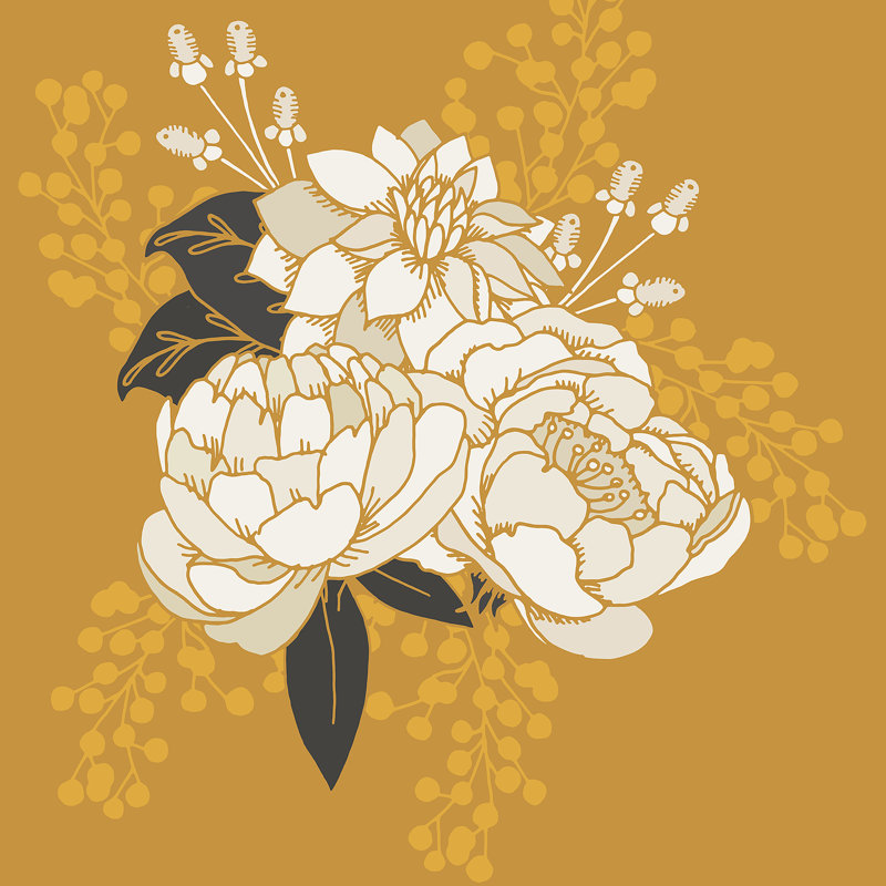 «Quill Glam Florals Gold» par Meghan Hageman - impression, H 30 po x l 30 po, Cadre simple argenté, Non