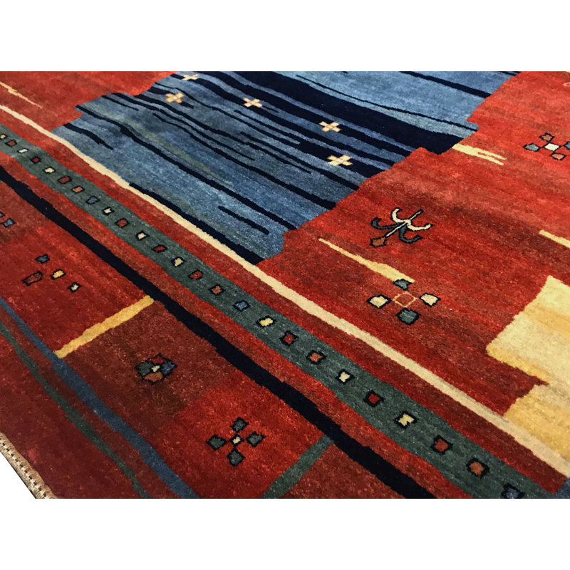 Tapis rouille et bleu noué à la main de haute qualité