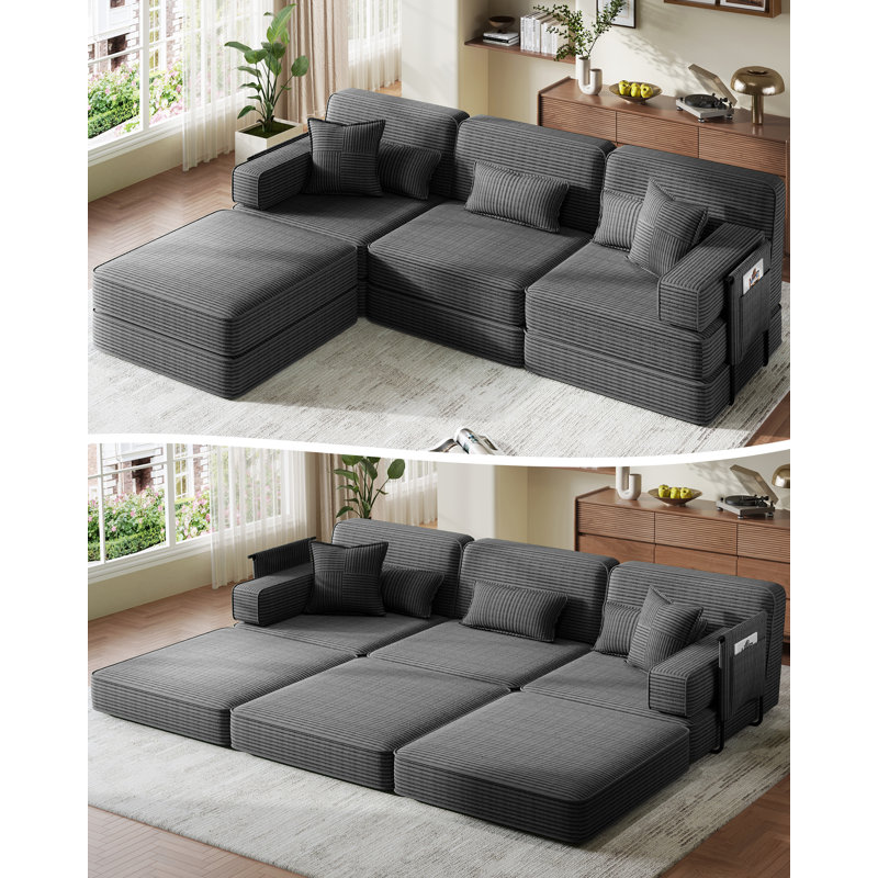 3 Seater Corduroy Sectional, Grey Corduroy