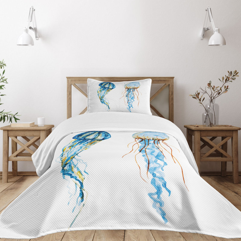 White Quilted Twin Bedspread Set with Jellyfish Design
