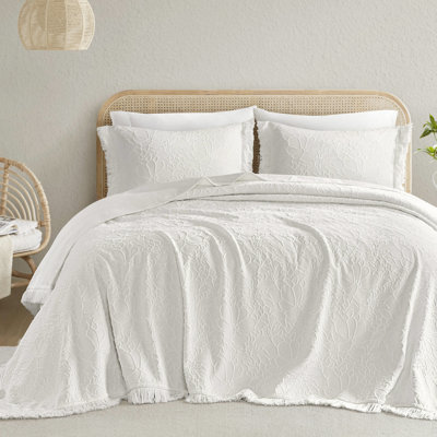 Couvre-lit pour grand lit 3 pièces, élégant chenille floral avec bordure, mélange de coton pour toutes les saisons, sommeil léger et respirant, chaleur surdimensionnée, peluche, entretien de la machine, frange, et