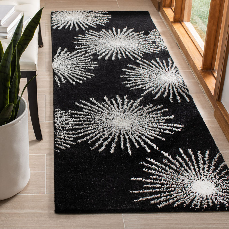 Tapis noir en laine touffeté à la main Amier, Tapis de couloir 2 pi 6 po x 12 pi