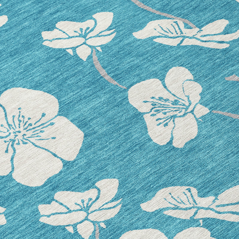 Turquoise Floral Synthetic Washable Rectangular Area Rug