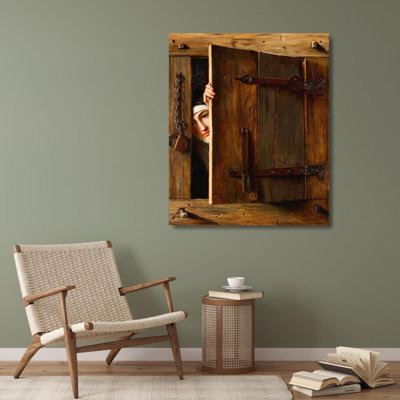 «A Trompe L’Œil with a Young Nun Peeking Out Through a Shutter» par French School - Art mural sur toile tendue avec châssis