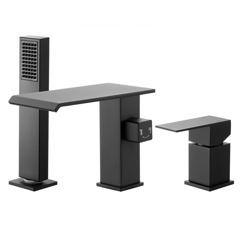 Roman Tub Faucet 3 Hole Waterfall Bathtub Faucet with Shower Head 1 Handle, Matte Black