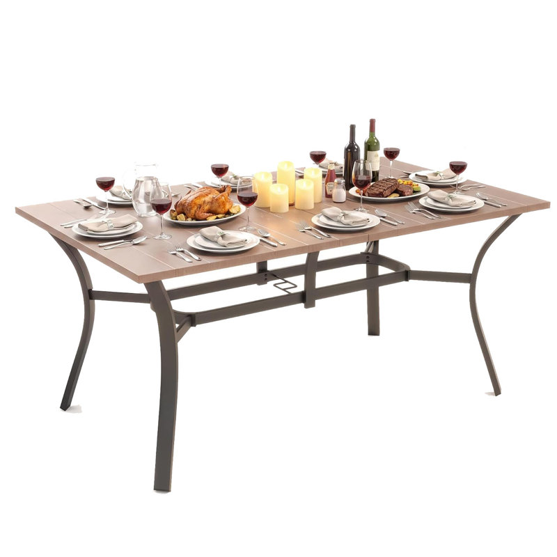 Outdoor Dining Table For 6, 66.29" Long Rectangular Metal Wrought Iron Table With Umbrella Hole,Brown, Brown