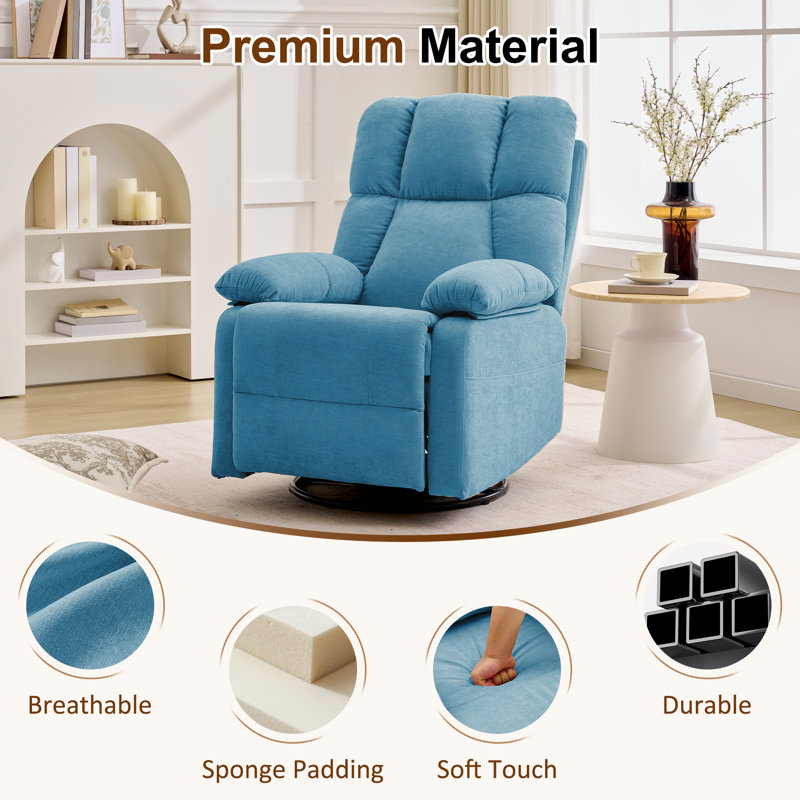 Recliner Chair， 360° Swivel Reclining Chair For Living Room, Small Manual Recliner For Small Space, Blue