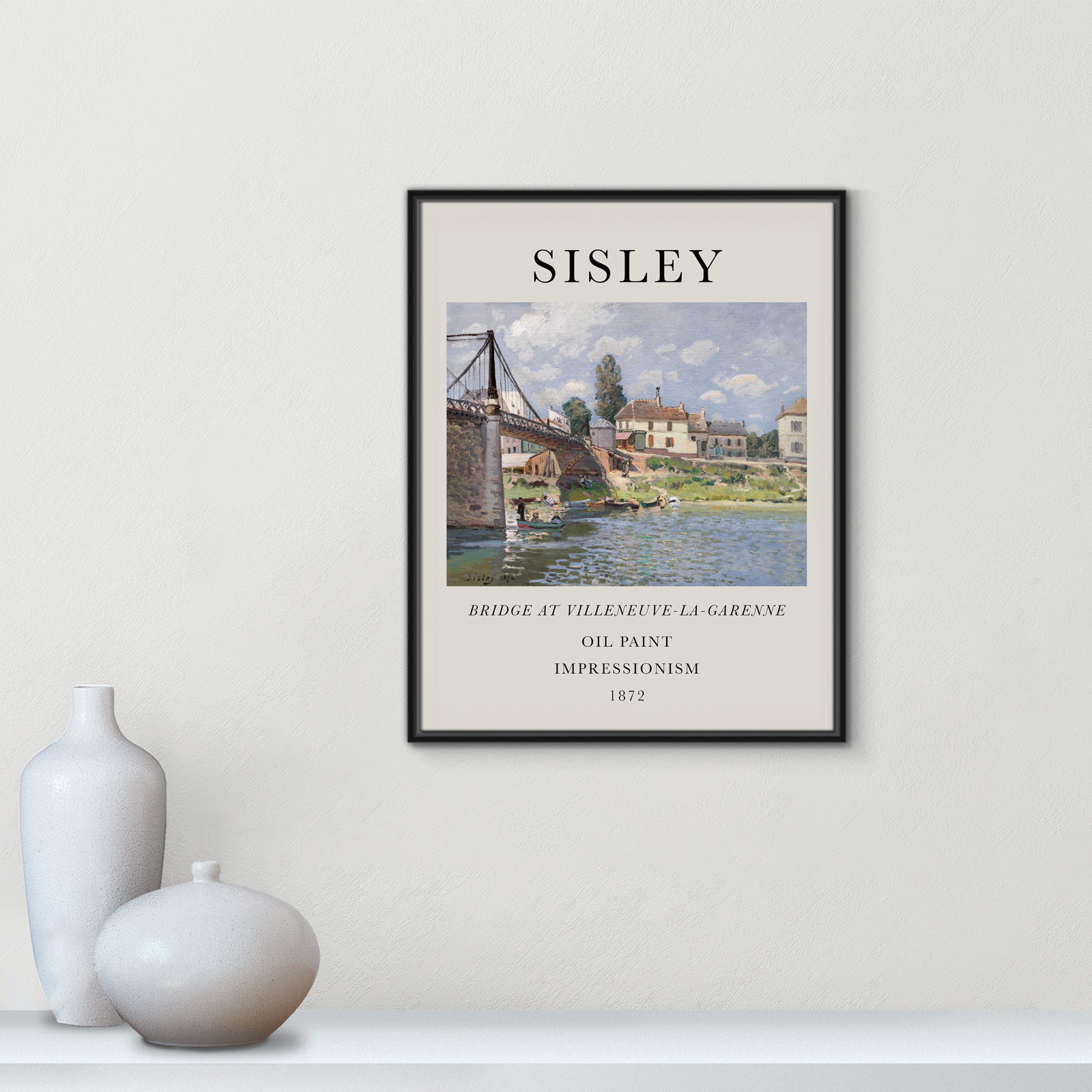 Old Masters Collection " The Bridge At Villeneuve " by Alfred Sisley, No, 29.5" H x 23.5" W x 2" D, Black Floater Frame