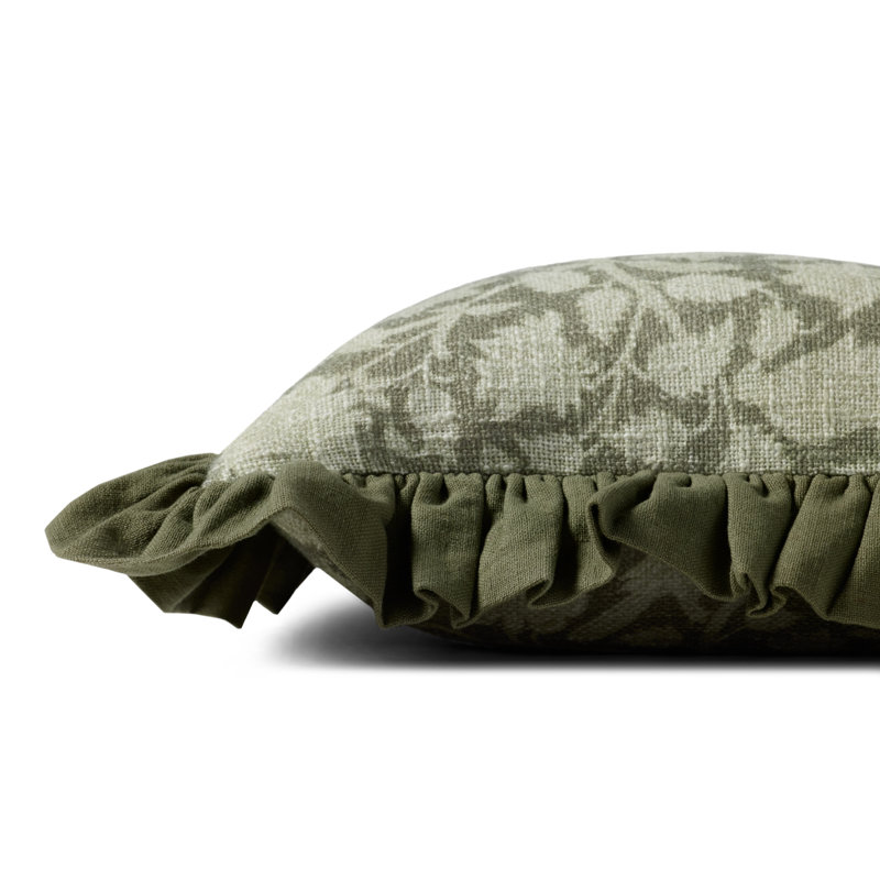 Green Floral Cotton Throw Pillow with Ruffled Edges, 18" x 18"