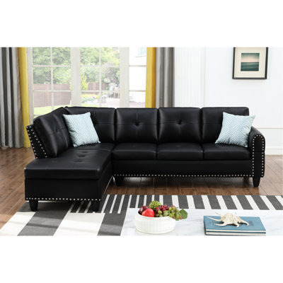 Black Faux Leather L - Shaped Sectional For Movie Watching With Cup Holders, Storage , And Subtle Tufting 3 Piece Living Space Recreation Two Toss Pillows
