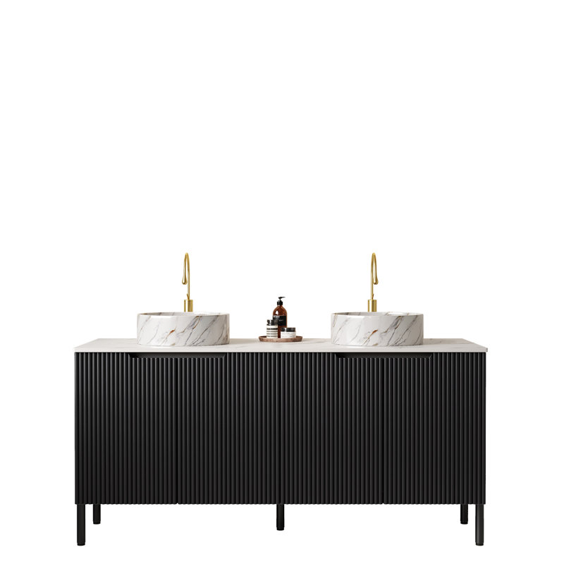Meuble-lavabo autoportant de 60 po avec lavabos et rangement spacieux, Noir