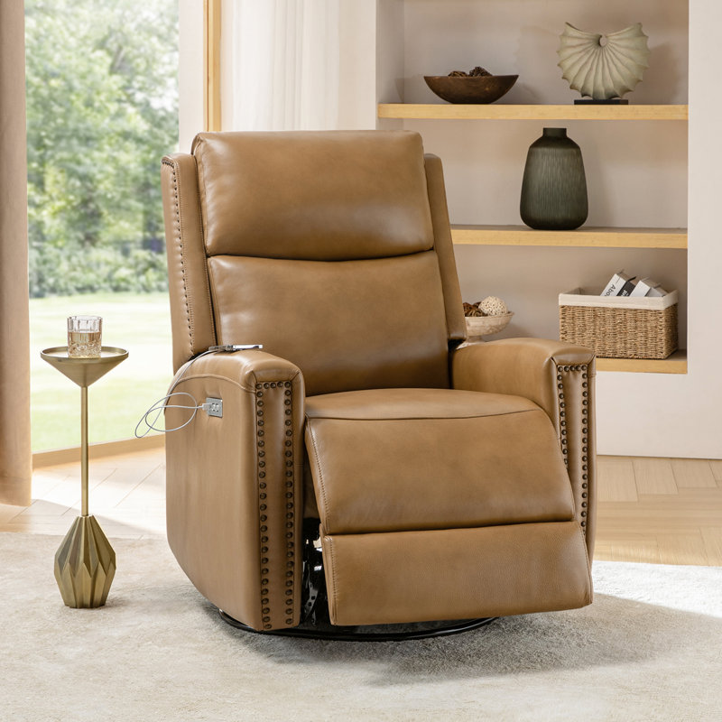 Fauteuil inclinable électrique pivotant en cuir véritable 30,25 po avec ports USB Patchogue, Chameau