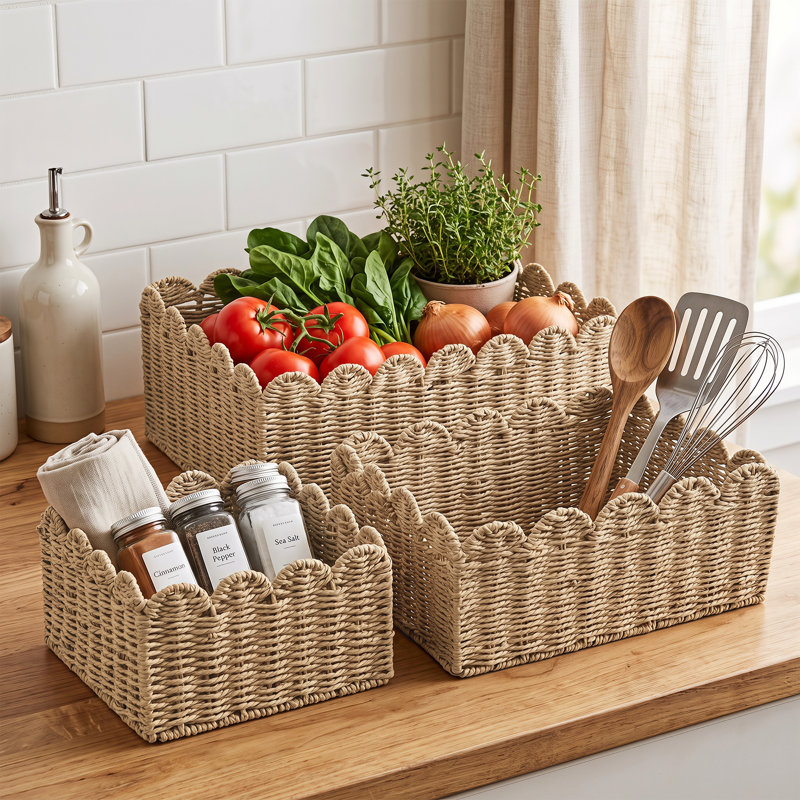 Paniers en osier, paniers de rangement tissés à la main avec poignées intégrées, paniers à tablettes en corde de papier pour l'organisation et la décoration