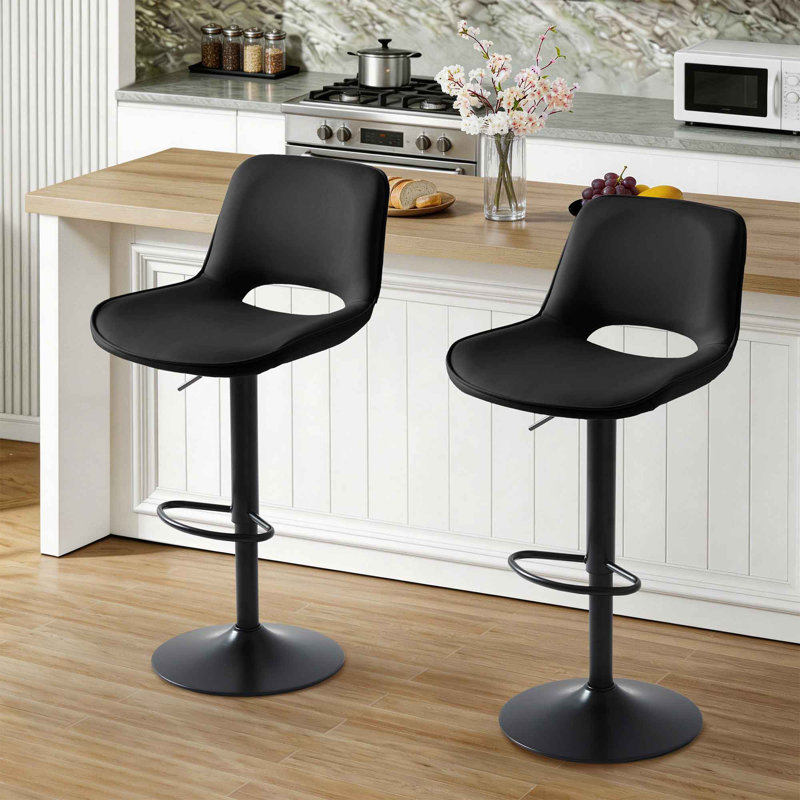 Adjustable Height Bar Stool, Easy-Clean Faux Leather Seat with Half Round Footrest, Sturdy Black Metal Frame for Kitchen Island