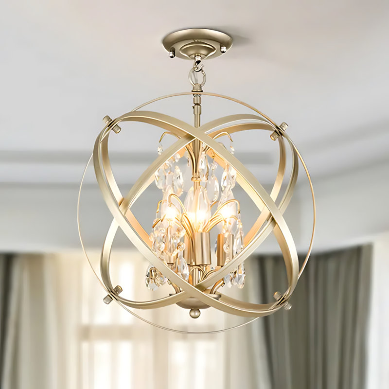 Lustre en cristal doré à 4 lumières sphériques encastrées, abat-jour en forme de sphère industrielle avec abat-jour en forme de goutte d'eau, luminaire suspendu réglable pour la salle à manger