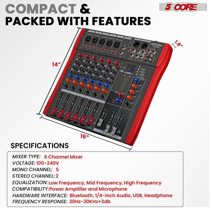 5 Core Audio Mixer 6 Channel DJ Controller Professional Sound Board Bluetooth USB MX 6CH