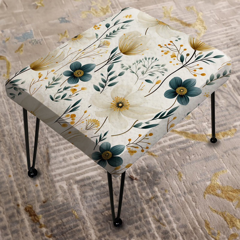 White And Beige Minimalist Floral Bedding - Floral Rectangle Ottoman
