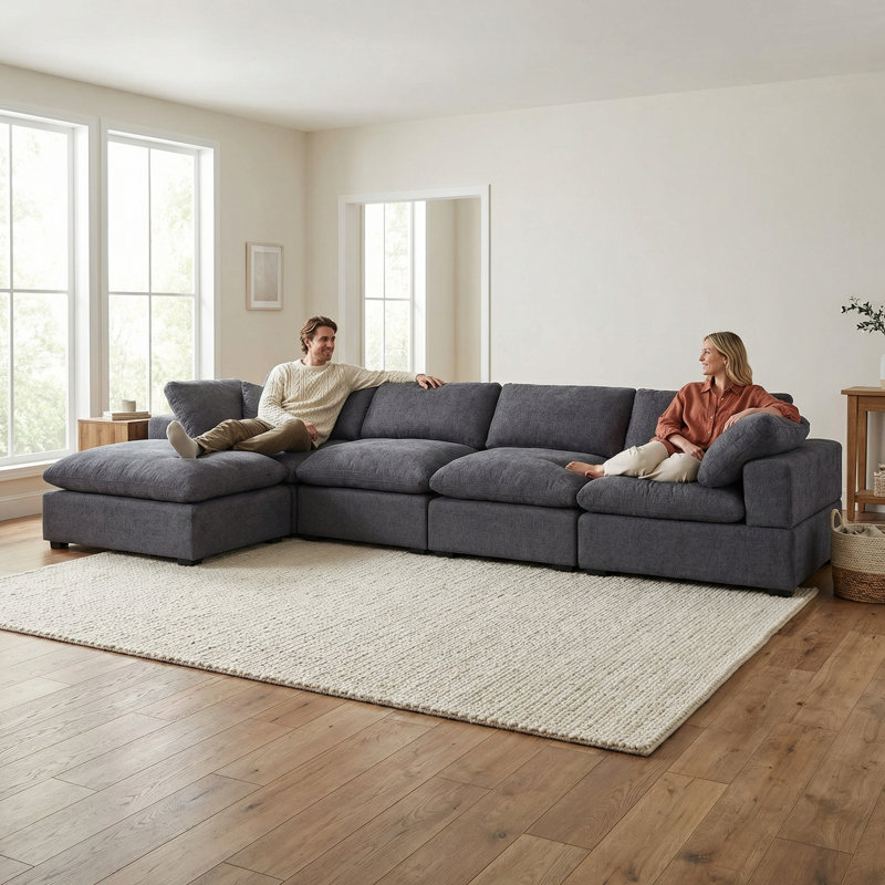Weikko 143.2" Wide Upholstered Chaise Sectional, Dark Gray