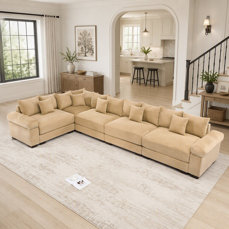 Canapé d'angle modulaire surdimensionné Cloud avec design convertible, assise profonde, accoudoirs extra-larges et 18 coussins décoratifs en velours côtelé de qualité supérieure.