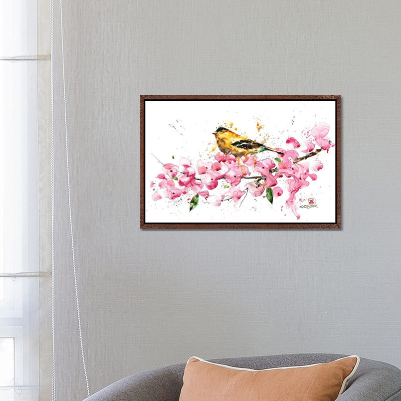 Bird And Cherry Blossoms by Dean Crouser - Painting on Canvas, Classic Brown Wood Framed, 66.04 cm H x 45.72 cm W