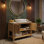 Meuble-lavabo simple autoportant de 36 po avec lavabo vasque en marbre, dessus en pierre frittée et portes en bois de bambou