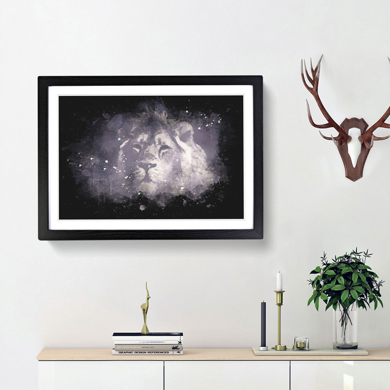 Lion In The Mist Paint Splash - Picture Frame Graphic Art, Black Framed, 45cm H x 63cm W x 2cm D