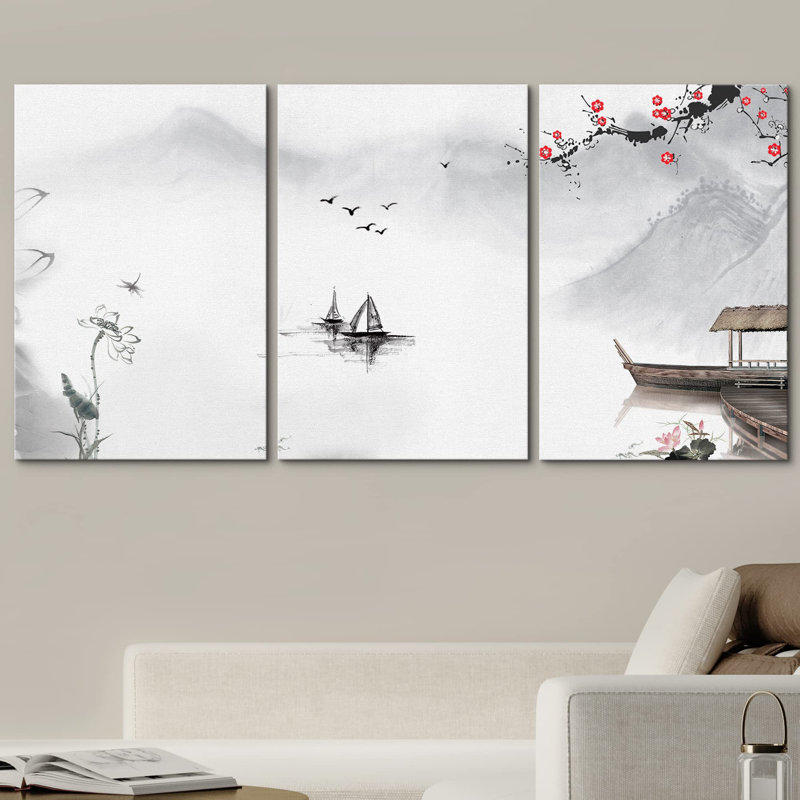 Fleurs de cerisier rouges sur des bateaux chinois, nature sauvage, illustrations, art moderne, culture, Toile tendue