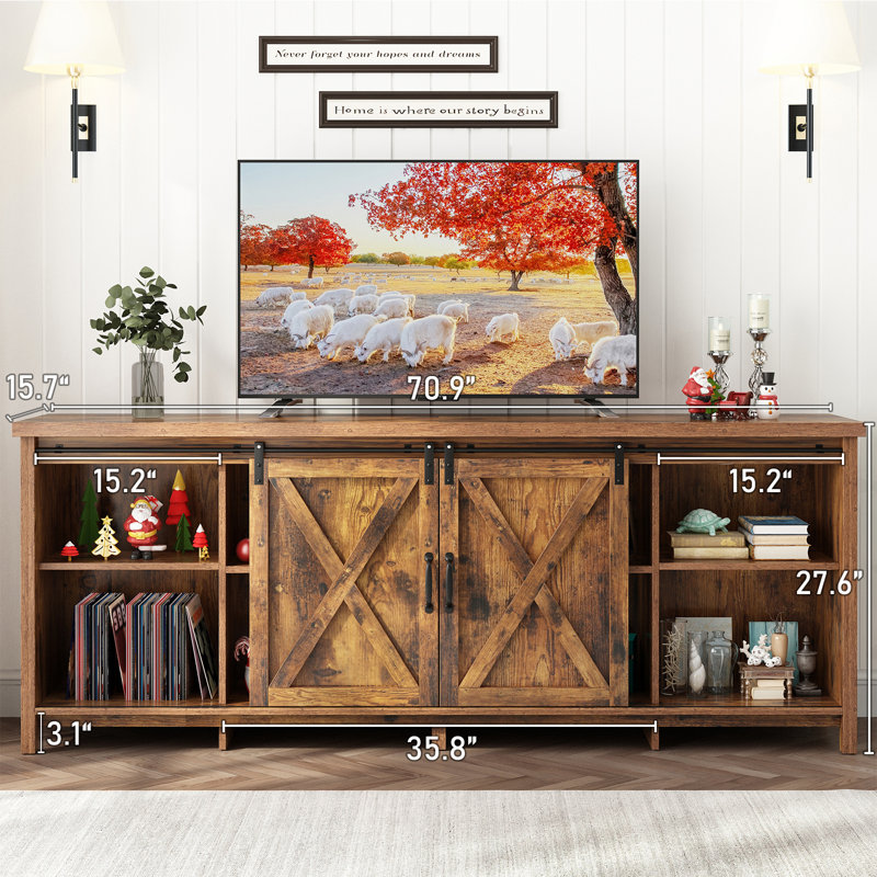 70" Farmhouse Sliding Barn Door TV Stand for TVs Up to 80" TVs, Entertainment Center Console Table with Adjustable Shevles