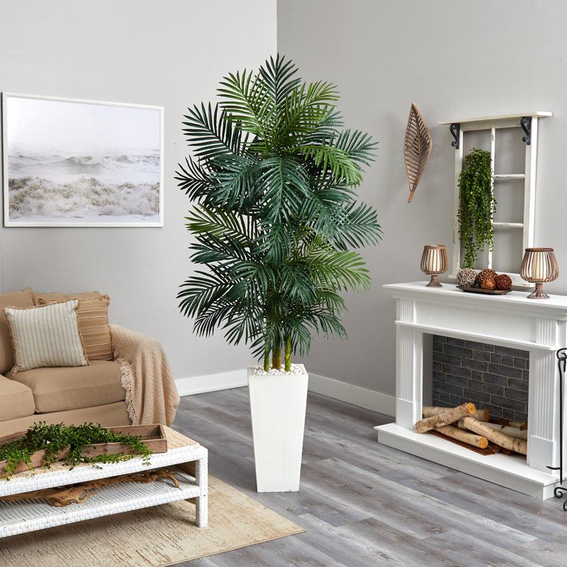 Palmier Areca avec jardinière résistante aux rayons UV (intérieur / extérieur), Blanc, H 90 po x l 36 po x P 32 po