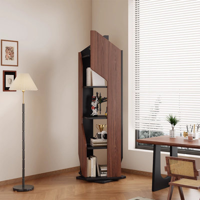 Walnut + Black Modern Manufactured wood Rotating Bookshelf