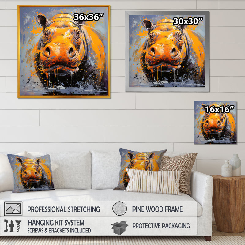 Art mural jaune hippopotame jaune - Hippopotame, Cadre flottant brun, H 16 po x l 16 po x P 1 po
