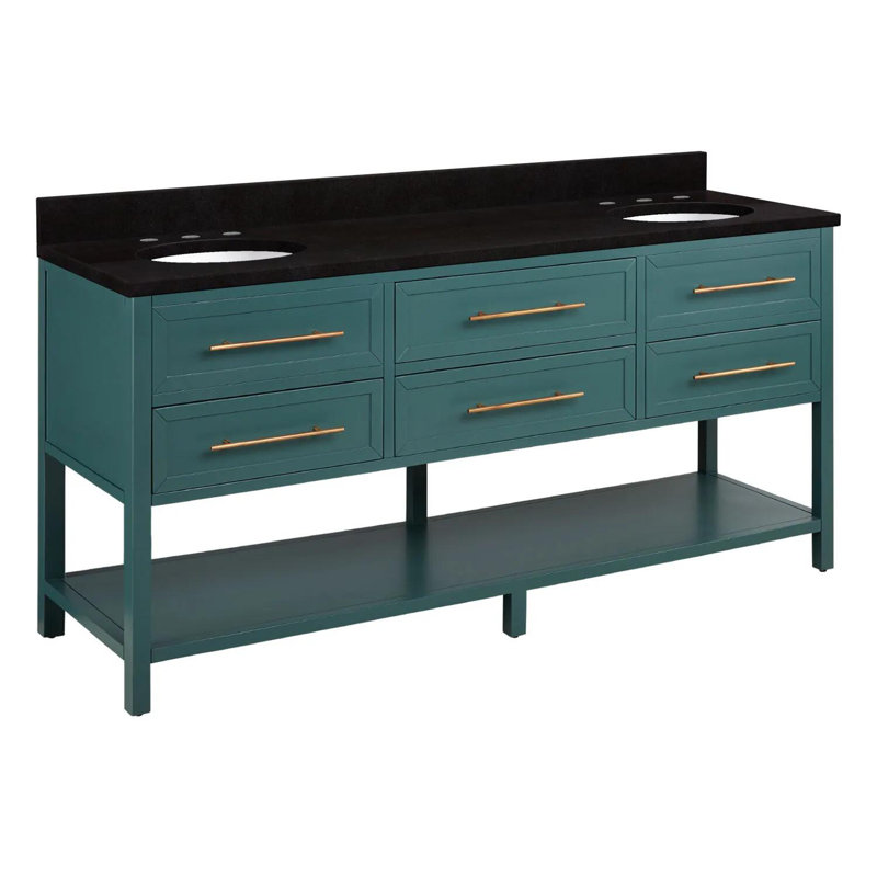 72" Robertson Double Bathroom Vanity Set with Oval Undermount Sinks, Black, 8" Widespread, Feathered White Quartz