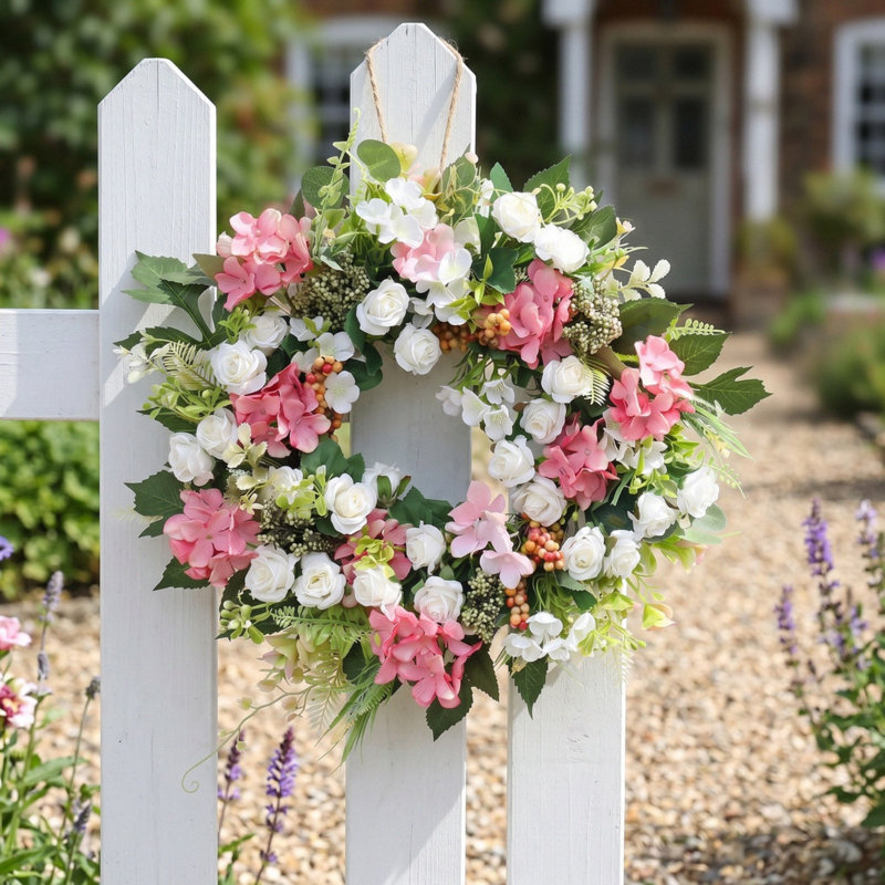 Couronne de pivoines blanches et roses 18 pouces pour porte d'entrée