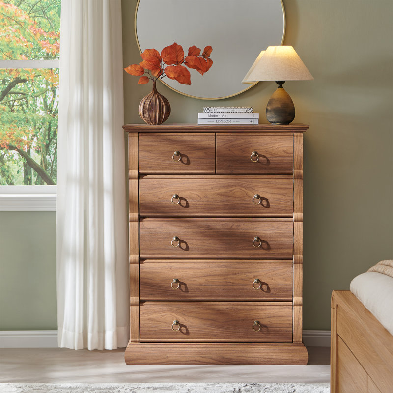 Commode 6 tiroirs Vintage, commode en bois de 41,5 po de hauteur avec façades courbées et poignées rétro, Noyer