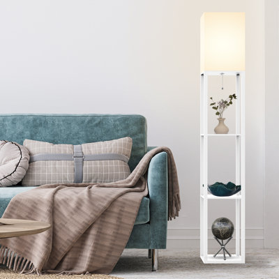 Lampe sur pied colonne 62,9 po avec tablettes Emonnie, bois massif véritable et ampoule incluse