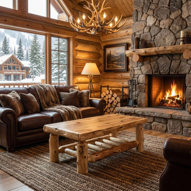 Fireside Lodge Cedar Log Rectangle Coffee Table - 48" x 24" - Natural - Armor, 18" H x 48" W x 24" D, Armor Finish