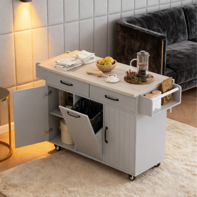 Kitchen Island on Wheels, Trash Can Storage Cabinet with Drop Leaf, Spice Rack, Towel Holder and Drawer (Gray)