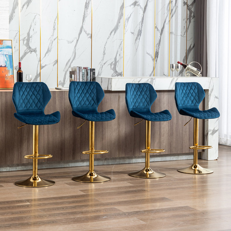 Tierone Upholstered Swivel Adjustable Height Counter Stool with Metal Frame, Modern Velvet Counter Stool, Navy, Gold