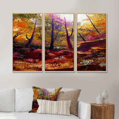 Magnifique forêt d'automne avec lumière du soleil - ensemble d'art mural sur toile traditionnel encadré de 3
