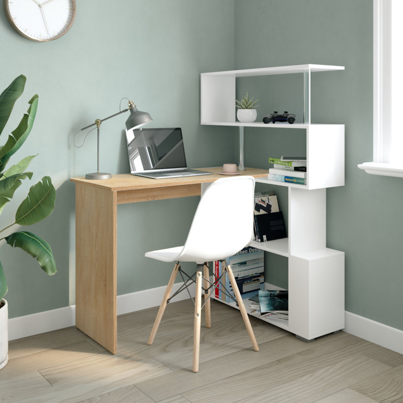 Milroy L-Shaped Writing Desk, White/Oak