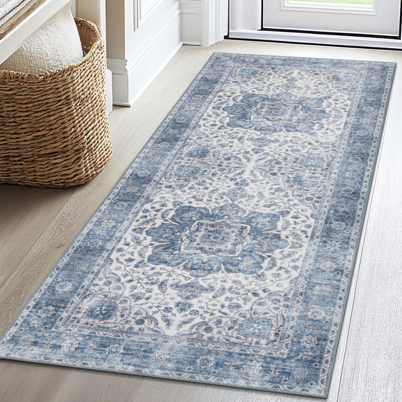 Lefkothea Joy Vintage Machine Washable Area Rug, Runner 2'6" x 6', Blue Ivory