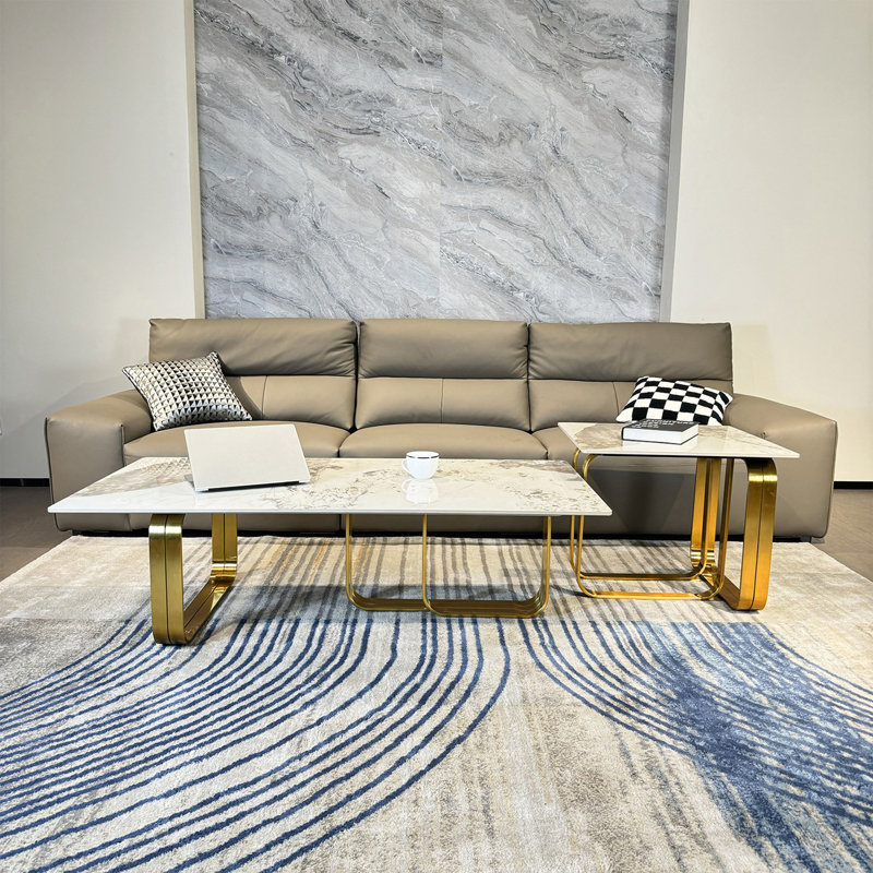 Ensemble de tables basses modernes Modern avec plateau en pierre frittée, structure en métal doré, pour chambre à coucher, salon
