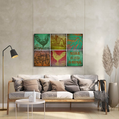 «Rooster Set 0f 6» par Jean Plout, art mural en verre acrylique, 36 po x 24 po