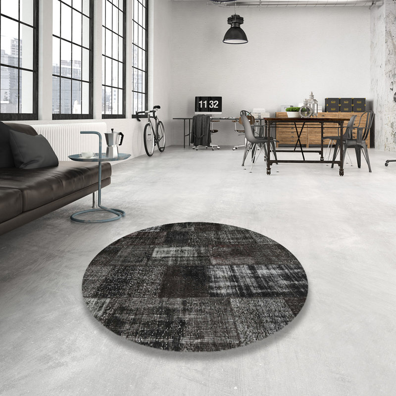 Tapis contemporain gris anthracite / gris, Rond 6 pi